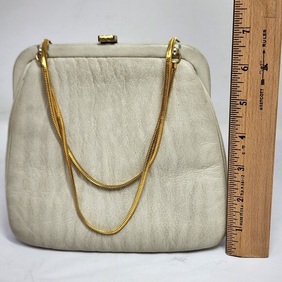 Vintage Ronay White Leather Evening Bag With Gold Chain Strap & Clasp - Picture 9 of 10
